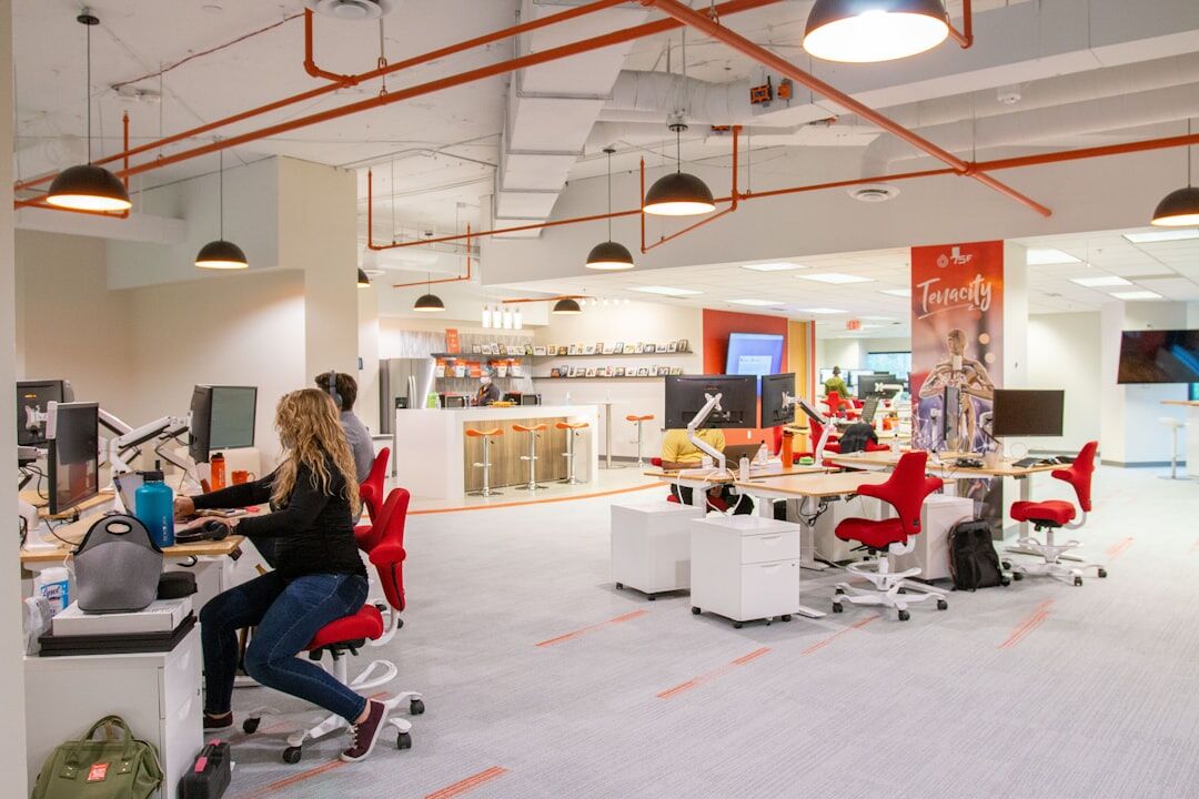 Startup team collaborating in a modern open office