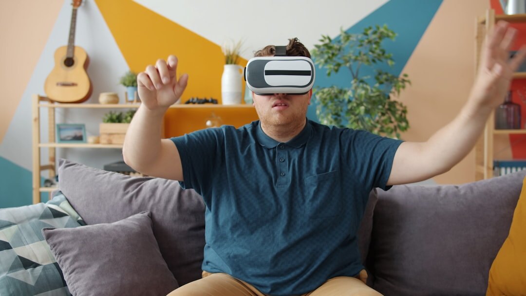 Person wearing VR headset in futuristic environment